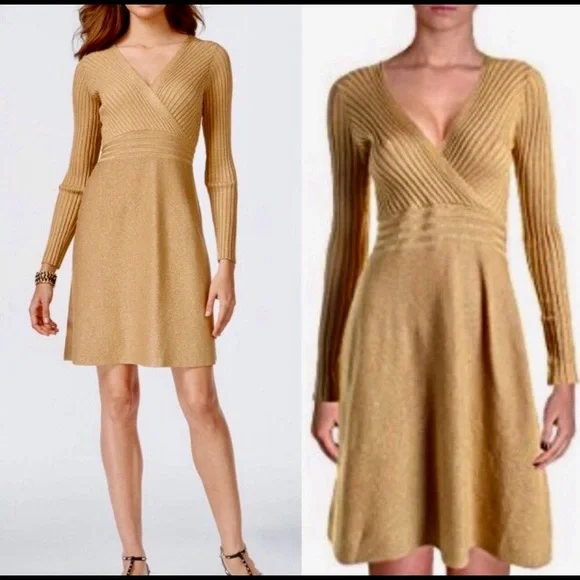 INC International Concepts Gold Metallic Ribbed Sweater Dress New No Tag INC International Concepts Gold Metallic Ribbed Sweater Dress New No Tag